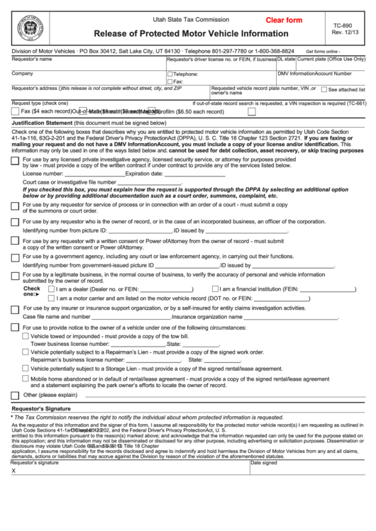 Fillable Form Tc-890 - Release Of Protected Motor Vehicle Information (2013) Printable pdf