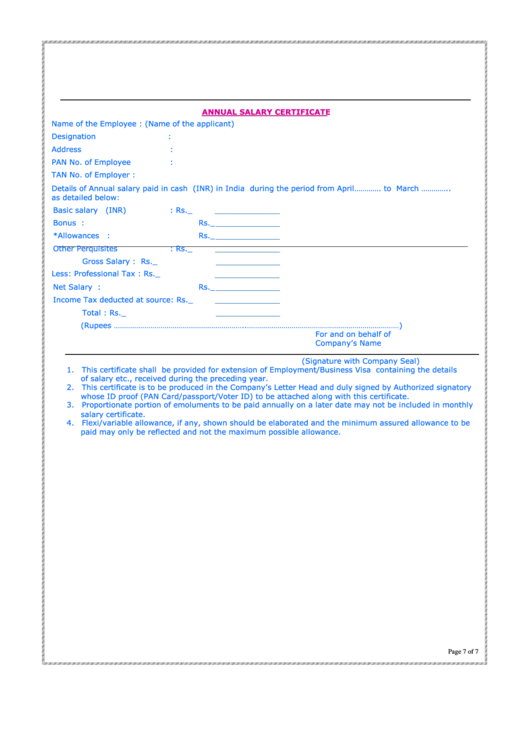 Annual Salary Certificate Printable pdf