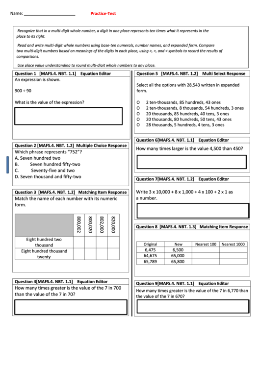 Number And Operations In Base Ten Worksheet Template Printable pdf