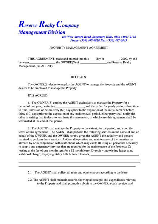 Property Management Agreement printable pdf download