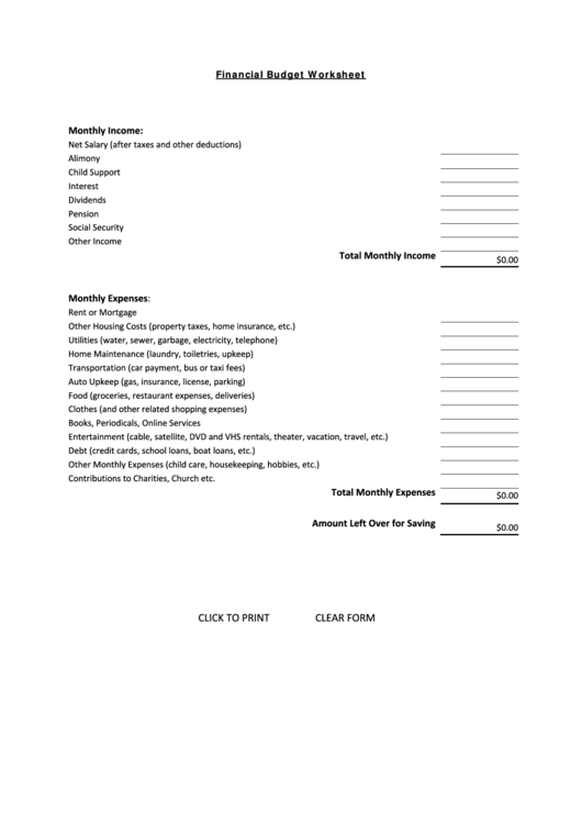 Fillable Financial Budget Worksheet Template Printable pdf