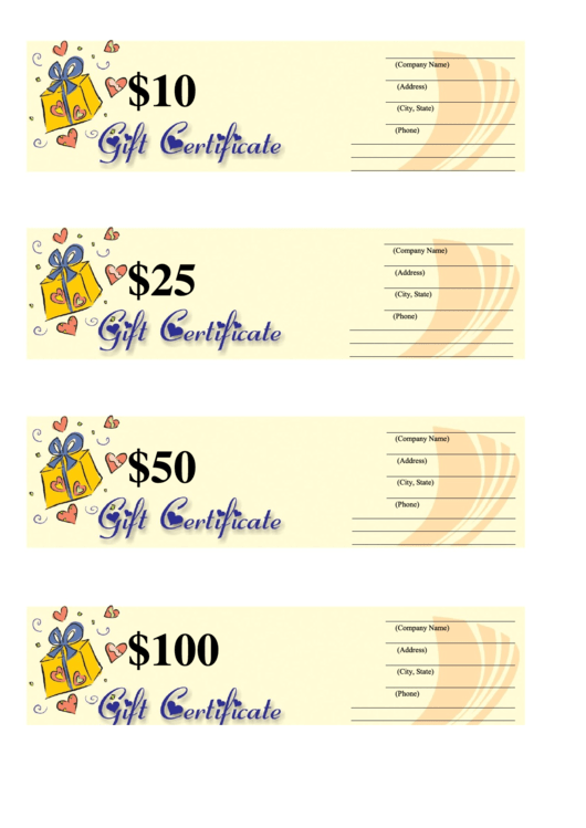 10, 25, 50 & 100 Dollar Gift Certificate Template - Yellow Printable pdf