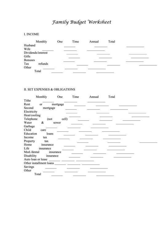 Family Budget Worksheet Template Printable pdf