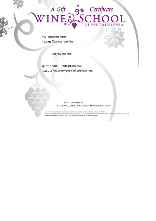 Fillable Wine School Gift Certificate Template Printable pdf
