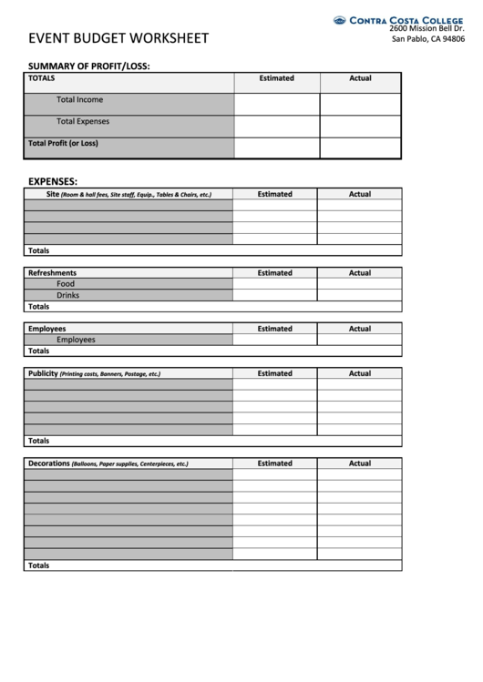 Event Budget Worksheet Template Printable pdf