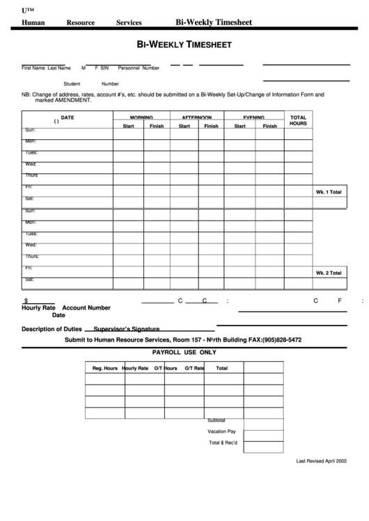 Biweekly Time Sheet Printable pdf