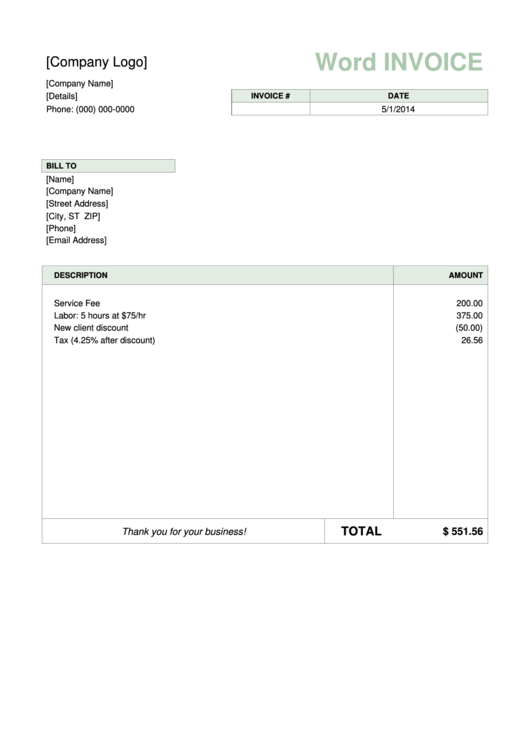 Sample Invoice Template For Word Printable pdf