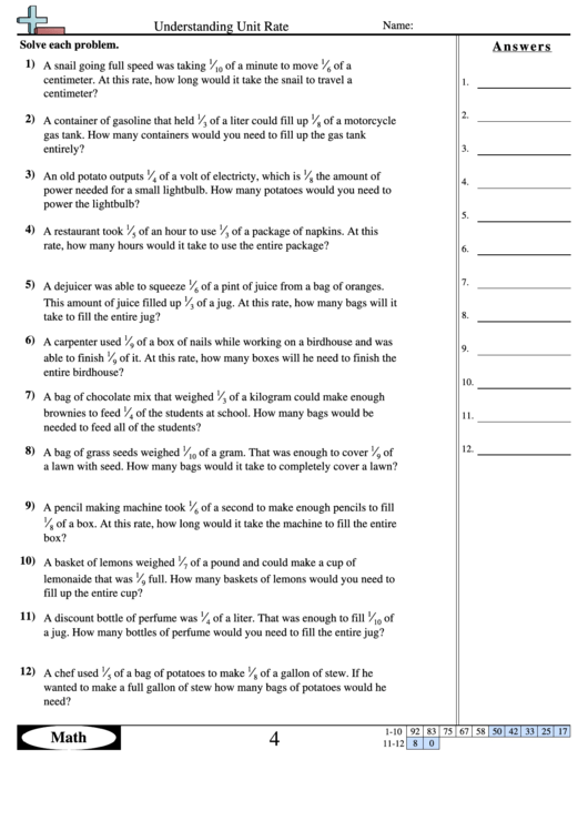 Understanding Unit Rate Worksheet With Answer Key Printable pdf