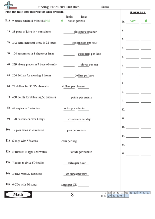 Finding Ratios And Unit Rate Printable pdf