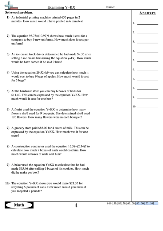 Examining Y=k X Worksheet With Answer Key Printable pdf