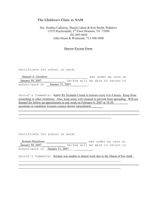 Doctor Excuse Form Printable pdf