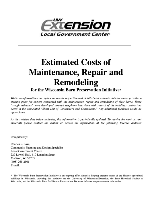 Estimated Costs Of Maintenance, Repair And Remodeling