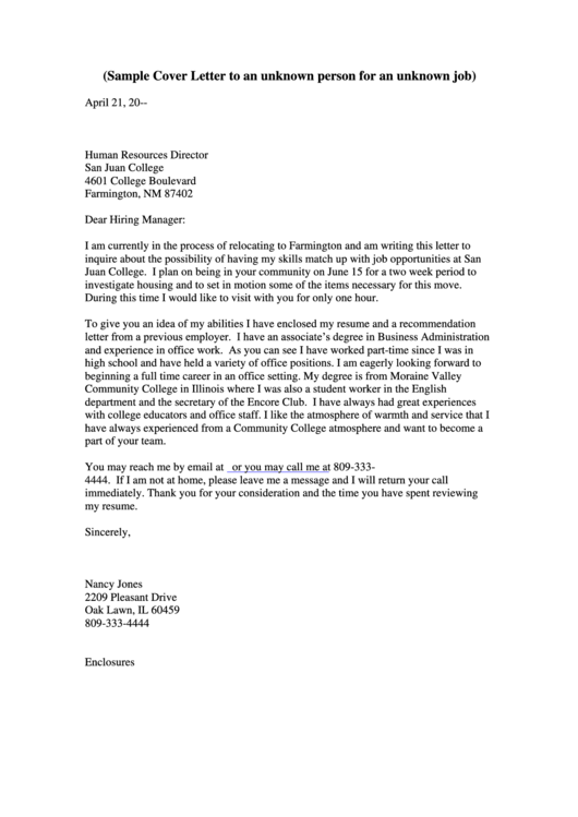 Sample Cover Letter To An Unknown Person For An Unknown Job Printable pdf