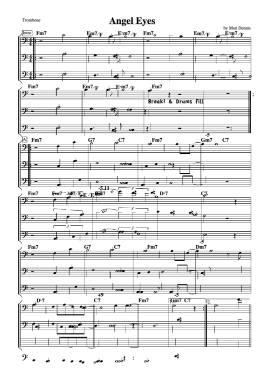 Angel Eyes Trombone Sheet Music Printable pdf