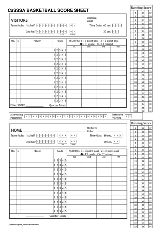 Casssa Basketball Score Sheet Printable pdf