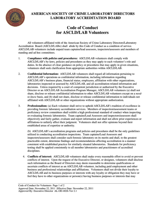 Code Of Conduct For Ascld/lab Volunteers Printable pdf