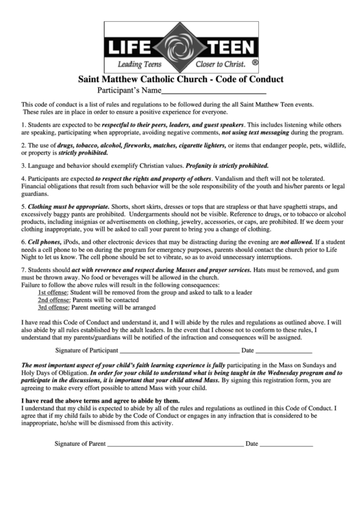 Saint Matthew Catholic Church - Code Of Conduct Printable pdf
