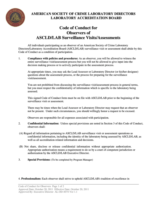 Code Of Conduct For Observers Of Ascld/lab Surveillance Visits/assessments Printable pdf