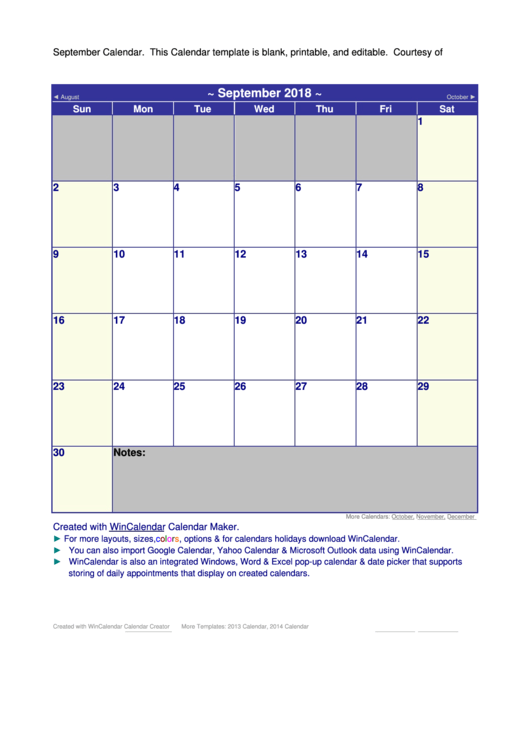 September Calendar Template - 2018 Printable pdf