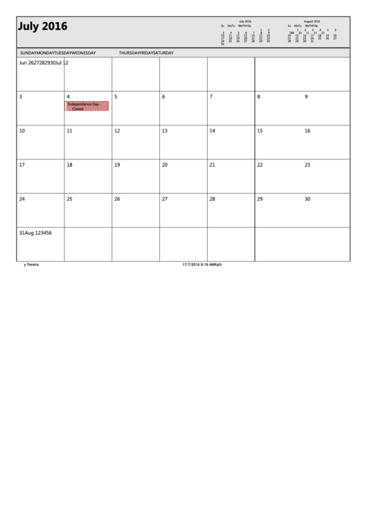 Calendar Template - July, June, August, September & October - 2016 Printable pdf