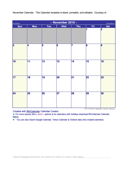 November 2019 Calendar Template Printable pdf