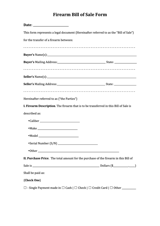 Firearm Bill Of Sale Form Form Printable pdf