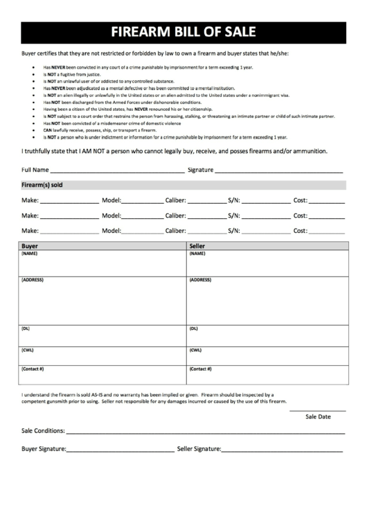 Firearm Bill Of Sale Printable pdf