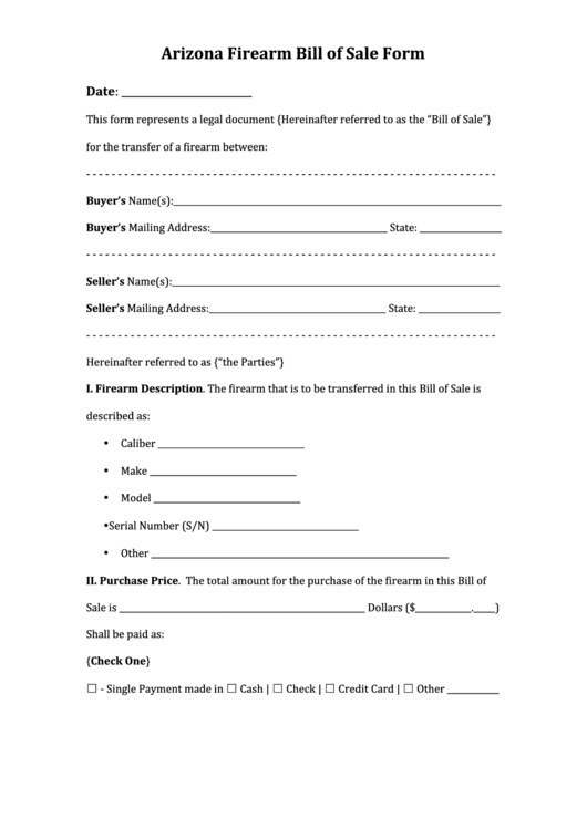 Fillable Arizona Firearm Bill Of Sale Form Printable pdf
