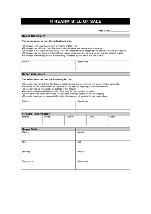 Firearm Bill Of Sale Form Printable pdf