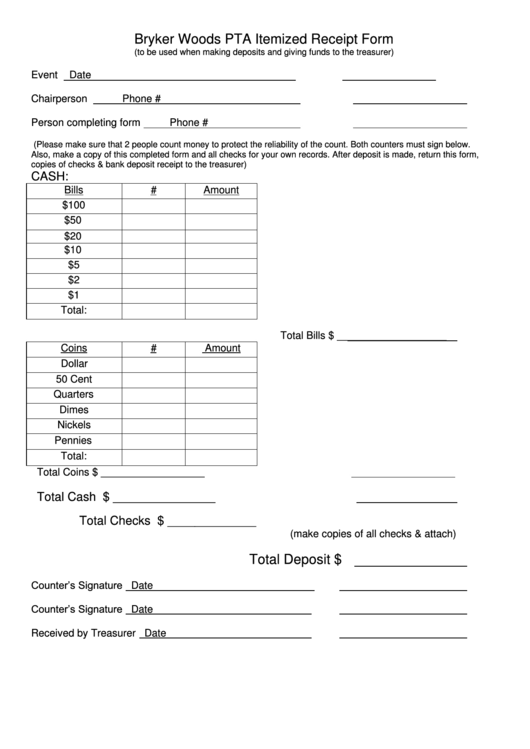 Bryker Woods Pta Itemized Receipt Form Printable pdf
