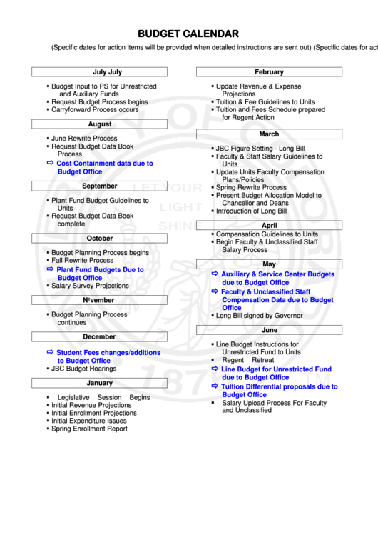Budget Calendar Template Printable pdf
