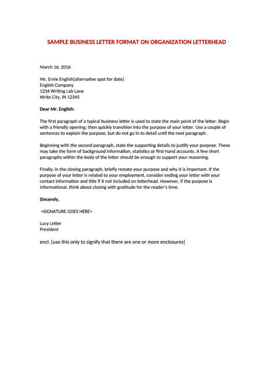 Sample Business Letter Format On Organization Letterhead Printable pdf