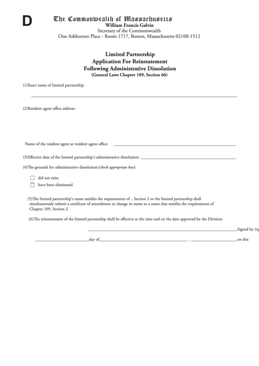 Fillable Limited Partnership Application For Reinstatement Following Administrative Dissolution - The Commonwealth Of Massachusetts Printable pdf