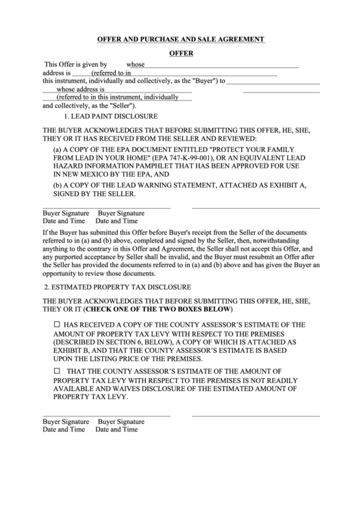 Fillable Offer And Purchase And Sale Agreement Printable pdf