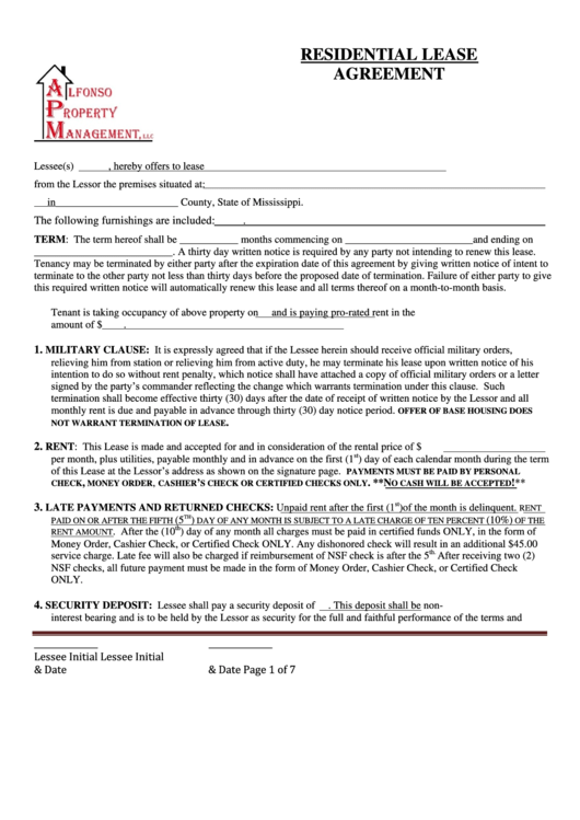 Residential Lease Agreement Printable pdf