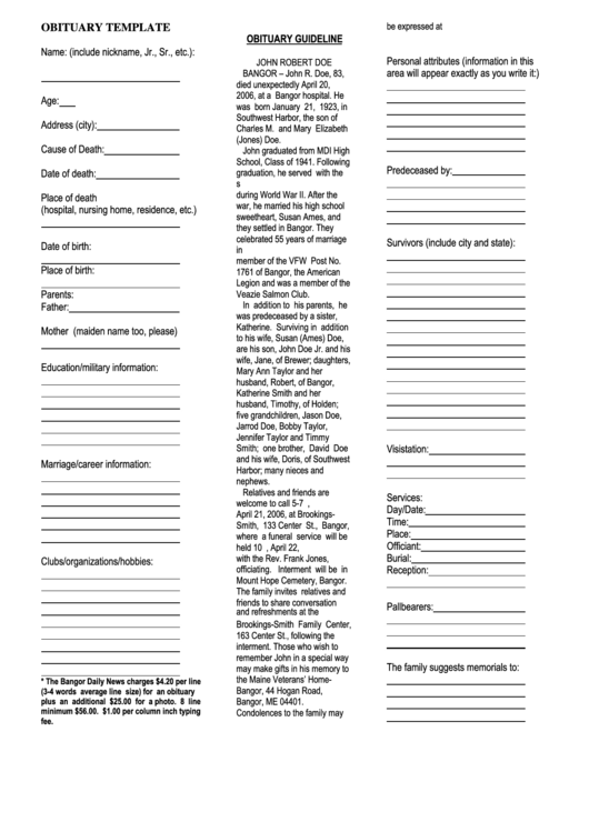 Obituary Template Printable pdf
