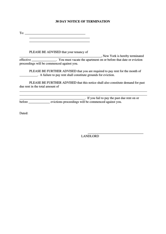 Fillable 30 Day Notice Of Lease Termination Ny Printable pdf