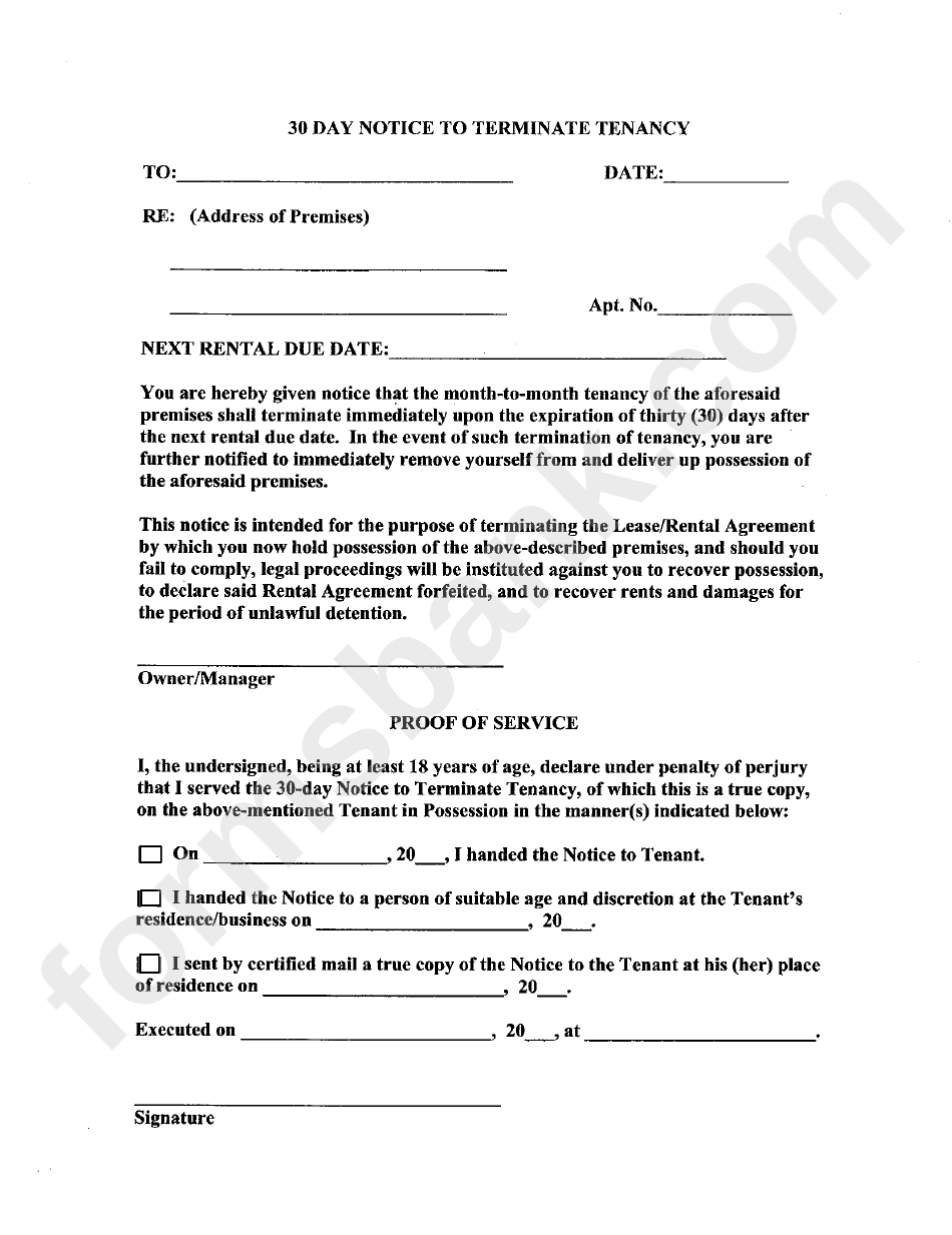 Fillable 30 Day Notice To Terminate Tenancy Printable Pdf Download