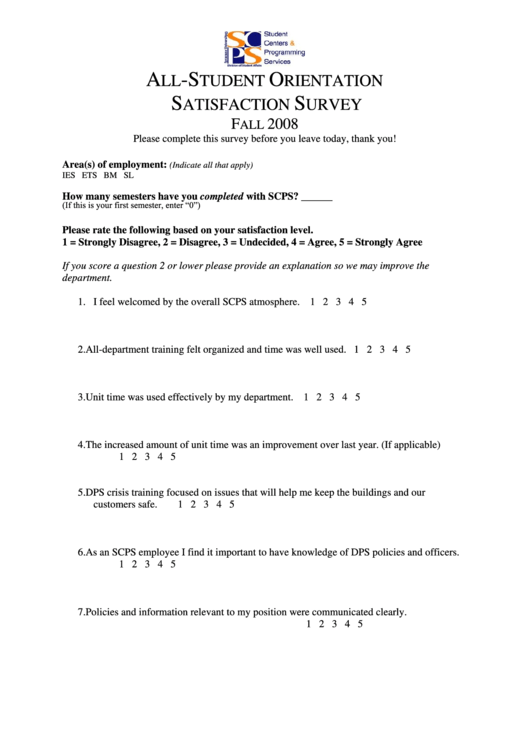 Student Orientation Satisfaction Survey Printable pdf