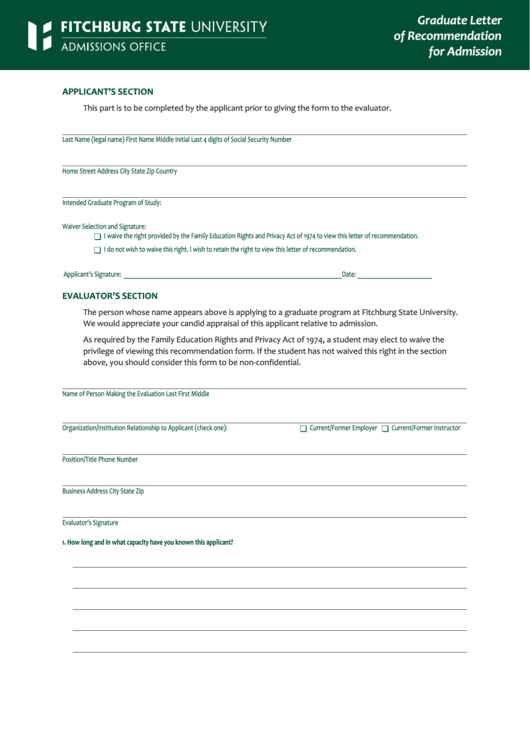 Graduate Letter Of Recommendation For Admission - Fitchburg State University Printable pdf