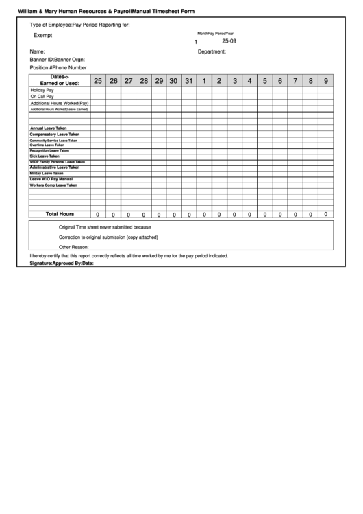 Fillable Employee Manual Timesheet Form Printable pdf