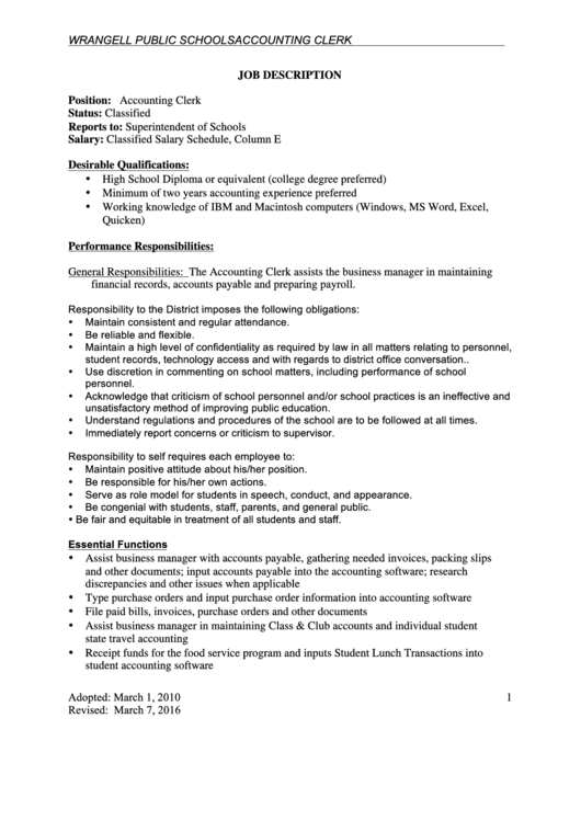 Accounting Clerk Job Description Printable pdf