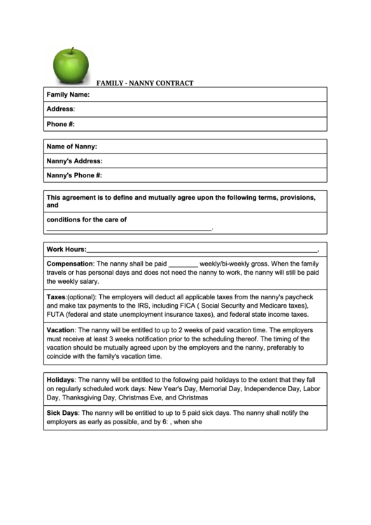 Family-Nanny Contract Printable pdf