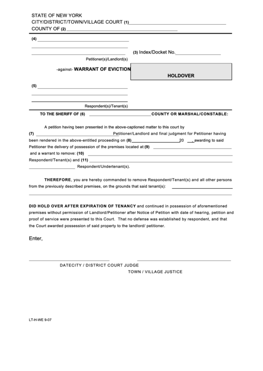 Warrant Of Eviction Holdover - County Or Marshal Sheriff Printable pdf