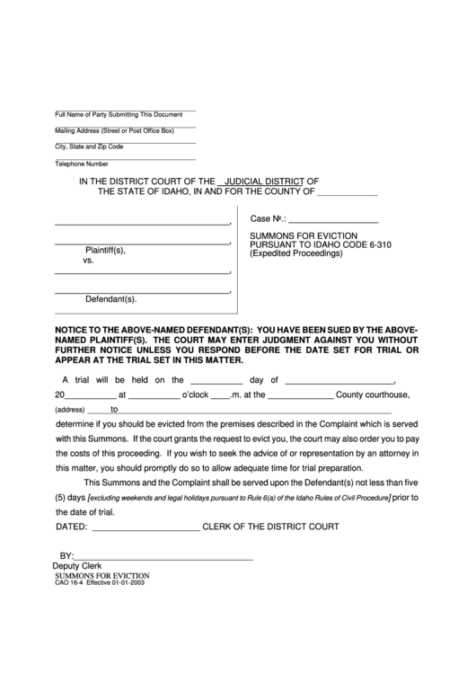 Fillable Summons For Eviction - Idaho District Court Printable pdf