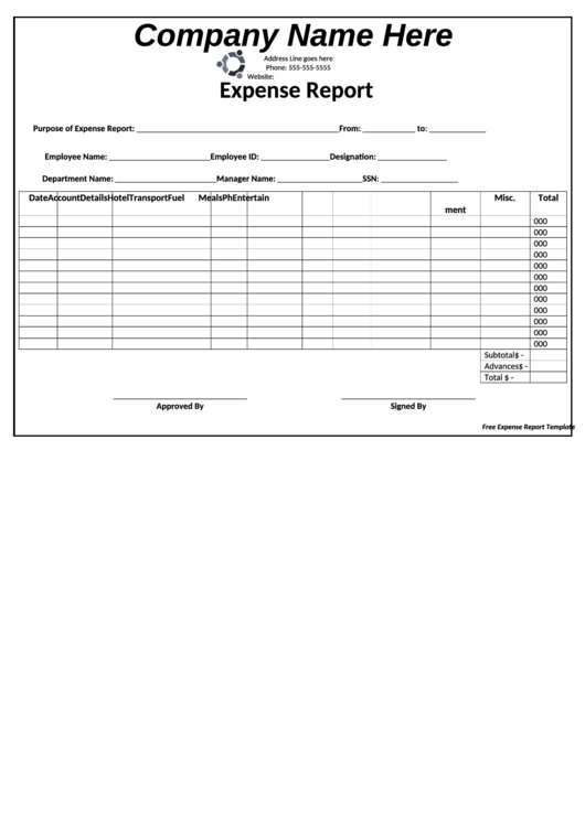 Sample Expense Report Template Printable pdf
