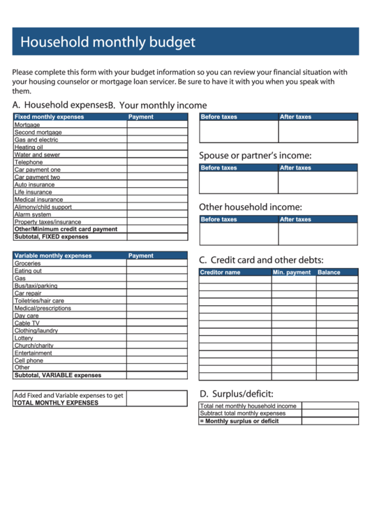 Household Monthly Budget Template