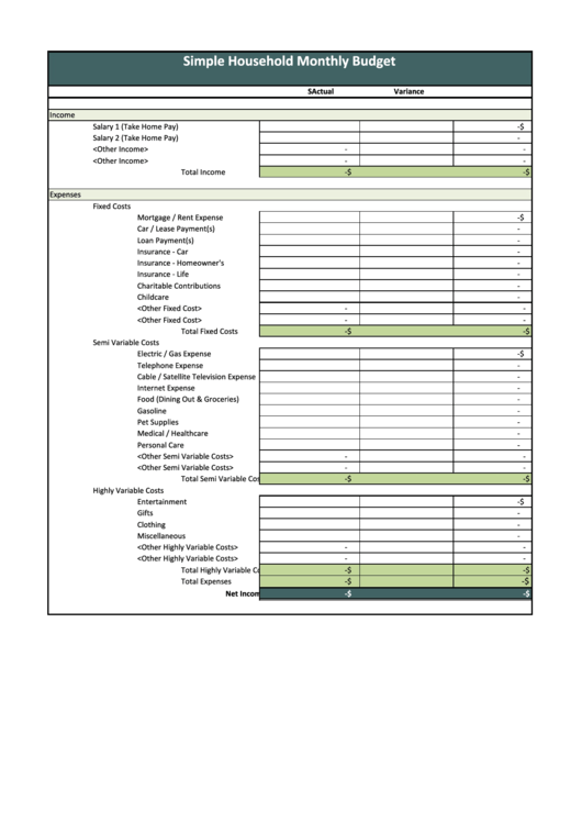 Simple Household Monthly Budget Template Printable pdf