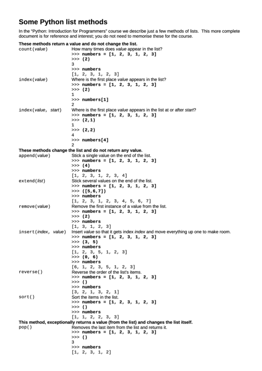 Some Python List Methods Printable pdf