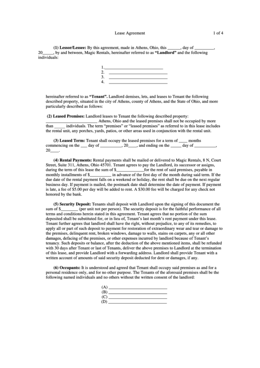 Lease Agreement - Athens, Ohio Printable pdf